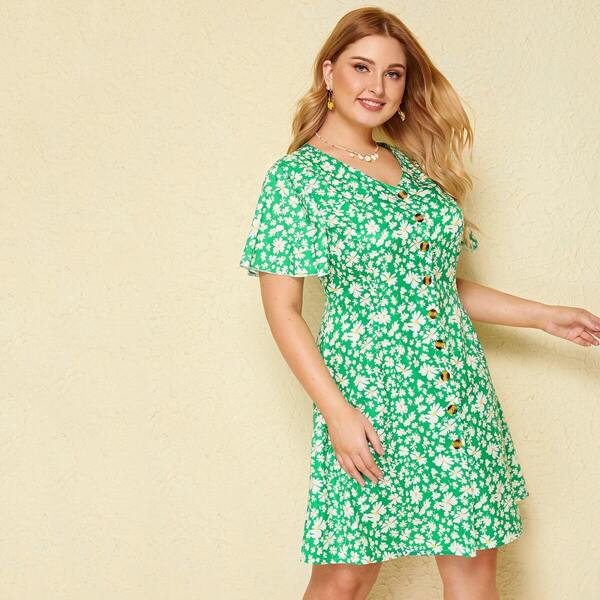 

Plus Floral Print Button Front Tea Dress