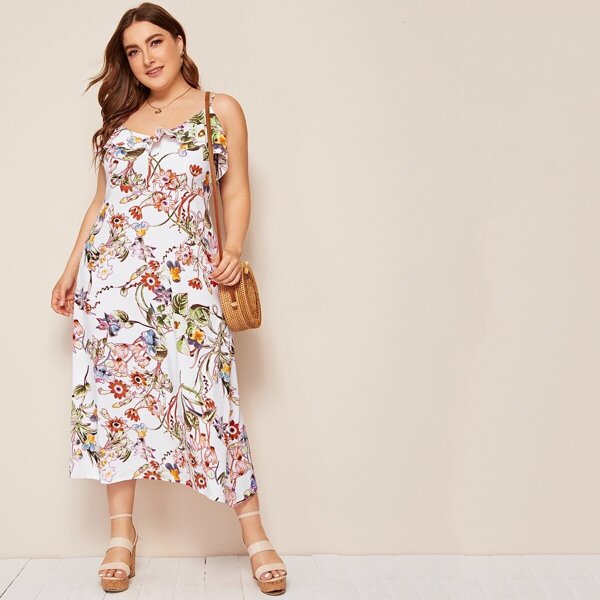 

Plus Floral Print Ruffle Trim Cami Dress