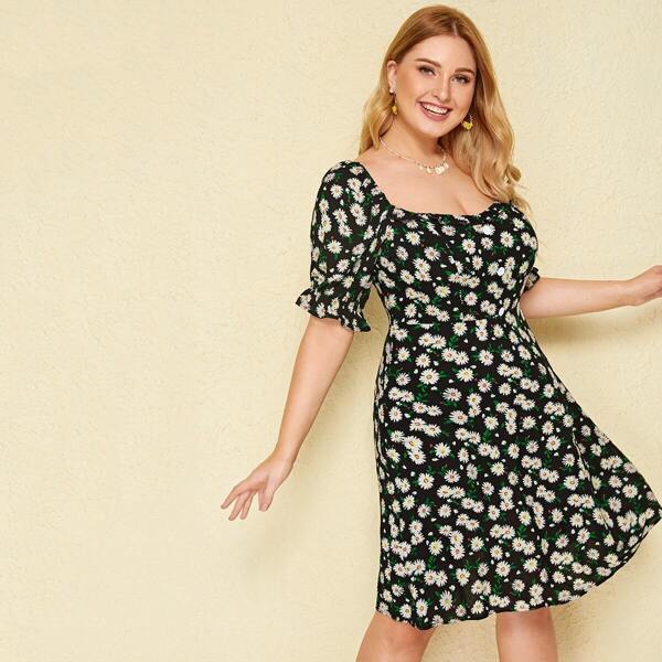 

Plus Ditsy Floral Print Flounce Sleeve Dress, Black