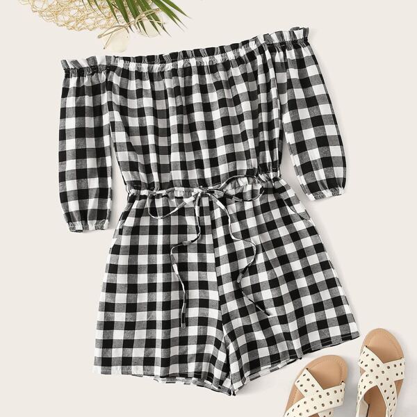 

Plus Gingham Drawstring Waist Off Shoulder Playsuit, Black and white