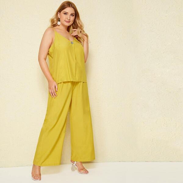 

Plus Button Cami Top With Wide Leg Pants, Yellow