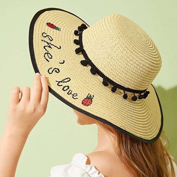 

Girls Pom Pom Decor Slogan Embroidery Straw Hat
