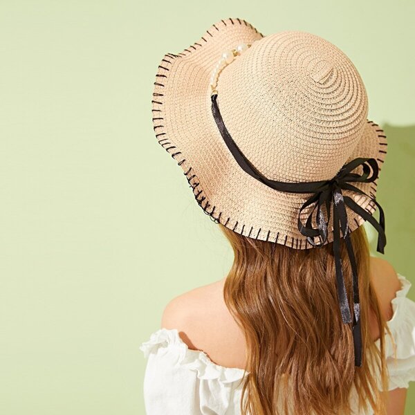 

Girls Faux Pearl Decor Straw Hat, Pink