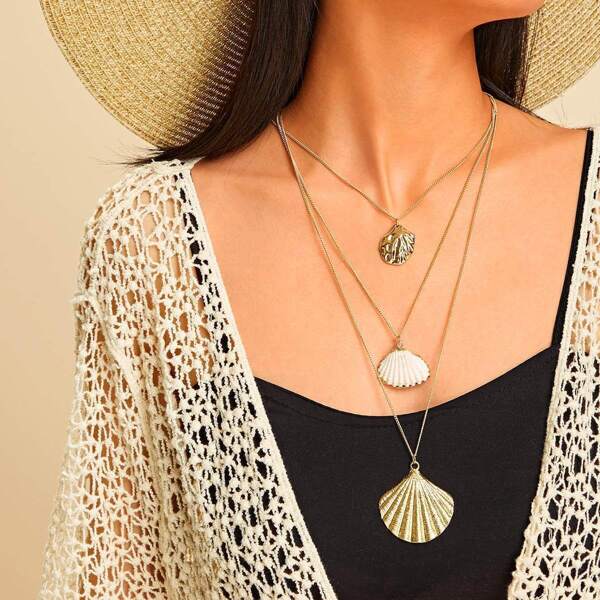 

Seashell Pendant Layered Chain Necklace 1pc