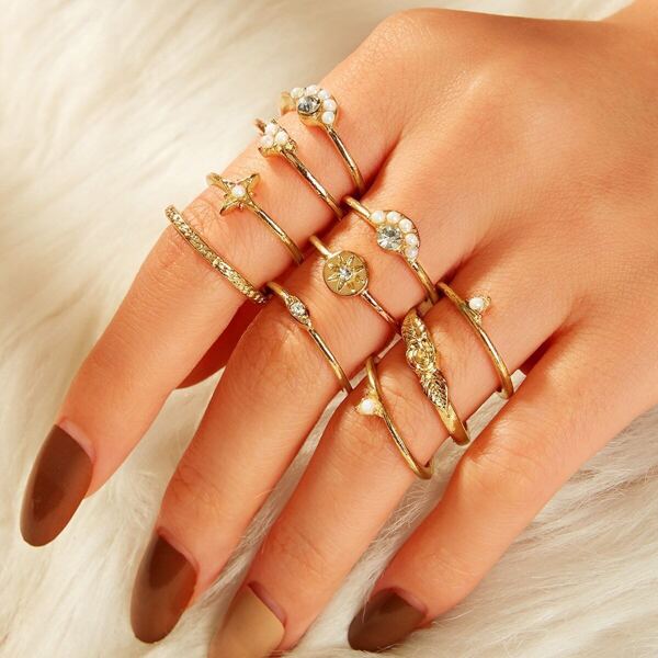 

Rhinestone Detail Rings Set 10pcs
