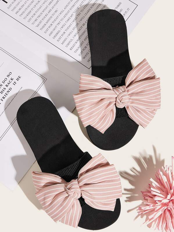 

Striped Bow Decor Open Toe Sliders, Multicolor