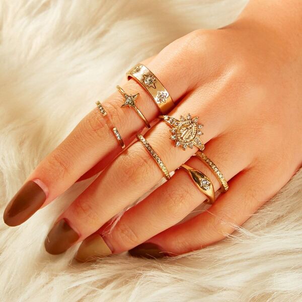

Rhinestone Detail Rings Set 7pcs