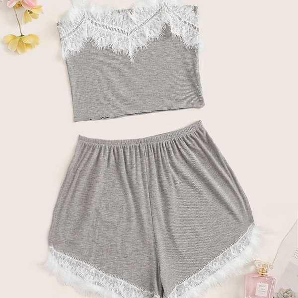 

Contrast Lace Ribbed Cami PJ Set