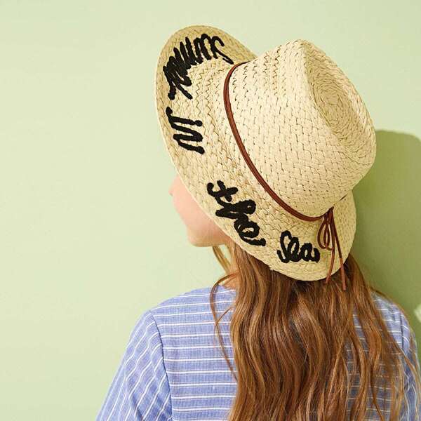 

Girls Bow Knot Decor Slogan Embroidery Straw Hat