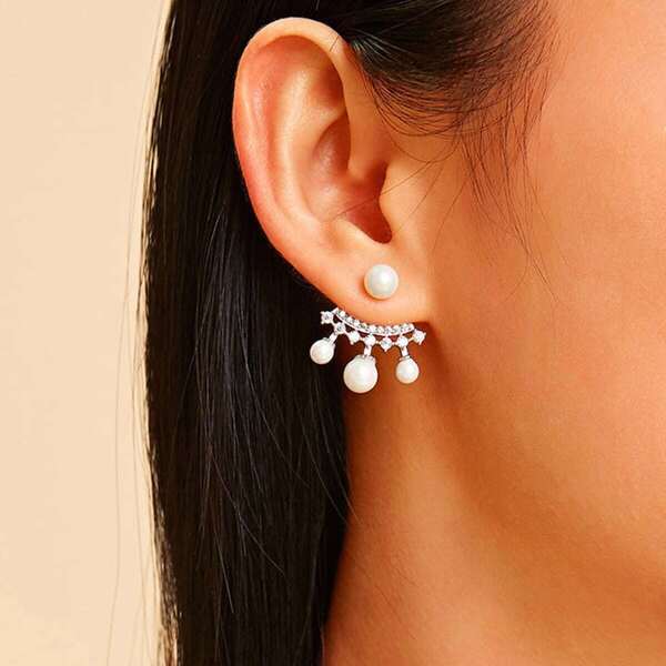 

Faux Pearl Decor Ear Jacket Drop Earring 1pair, White