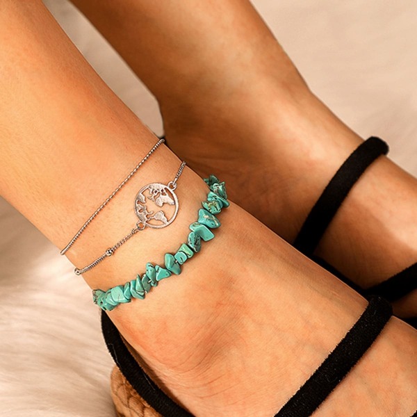 

Ring & Turquoise Decor Chain Anklet 3pcs