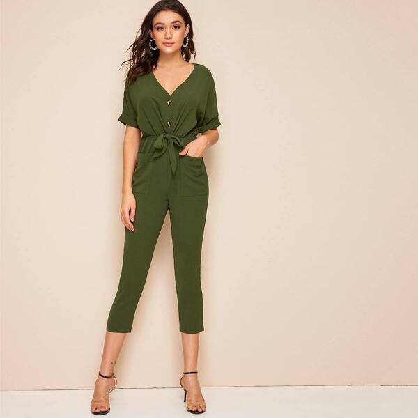 

V-neck Tie & Button Front Dual Pocket Rolled Cuff Jumpsuit, Army green