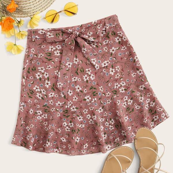 

Ditsy Floral Ruffle Hem Belted Skirt