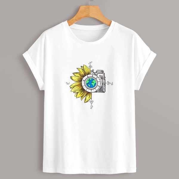 

Sunflower & Earth Print Rolled Cuff Tee, White