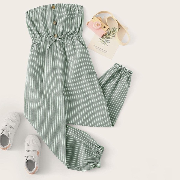 

Girls Buttoned Front Drawstring Waist Striped Tube Jumpsuit
