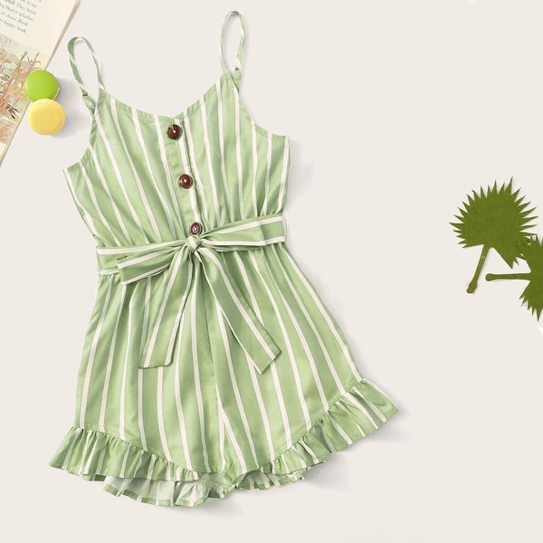 

Girls Button Front Ruffle Hem Striped Belted Romper