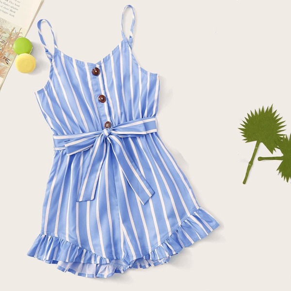 

Girls Button Front Ruffle Hem Striped Belted Romper