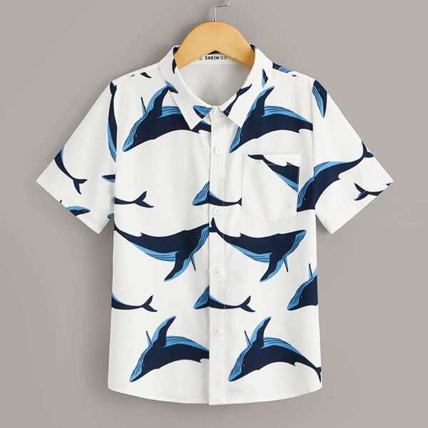 

Boys Whale Print Pocket Patch Shirt