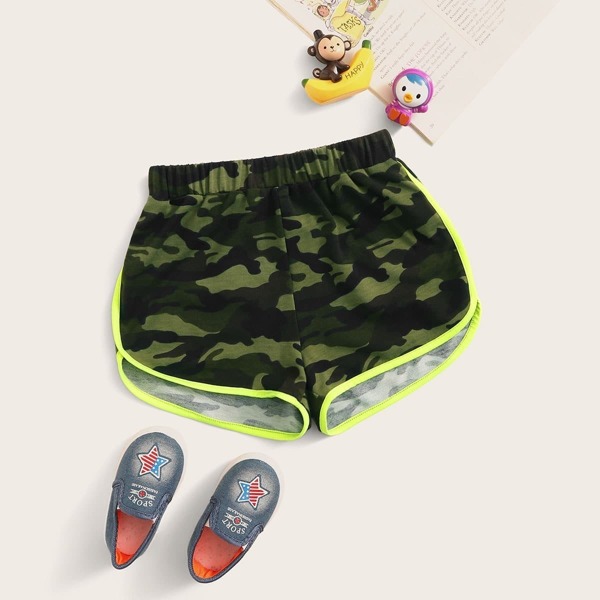 

Girls Neon Lime Contrast Binding Camo Dolphin Shorts, Multicolor
