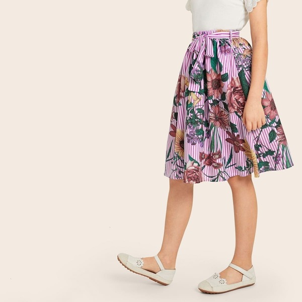 

Girls Floral and Striped Self Belted Skirt