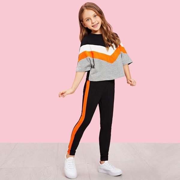 

Girls Chevron Colorblock Batwing Sleeve Top & Neon Striped Pants Set, Multicolor