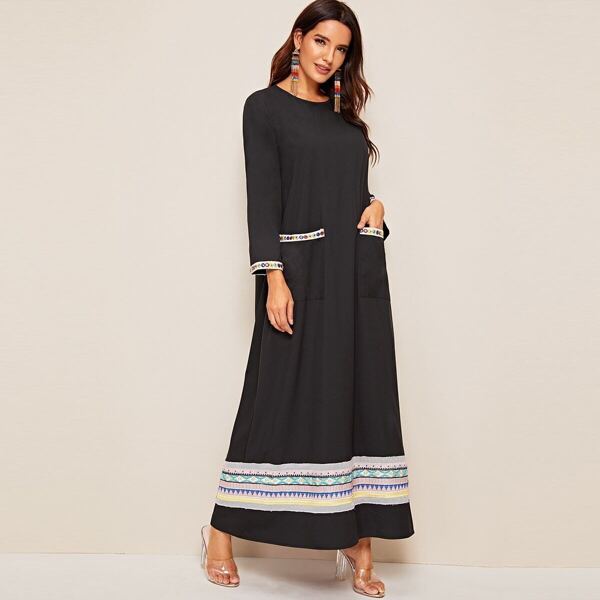 

Embroidered Detail Pocket Front Hijab Dress, Black