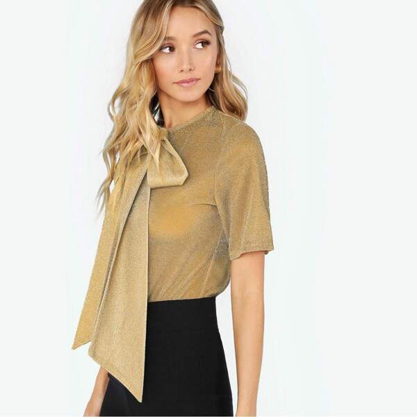 

Tie Neck Metallic Glitter Top
