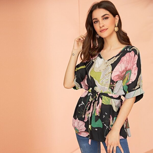 

Botanical Print Belted Top, Multicolor