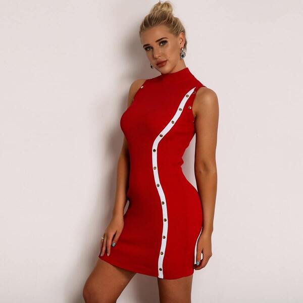 

Mock-neck Buttoned Rib-knit Pencil Dress, Red