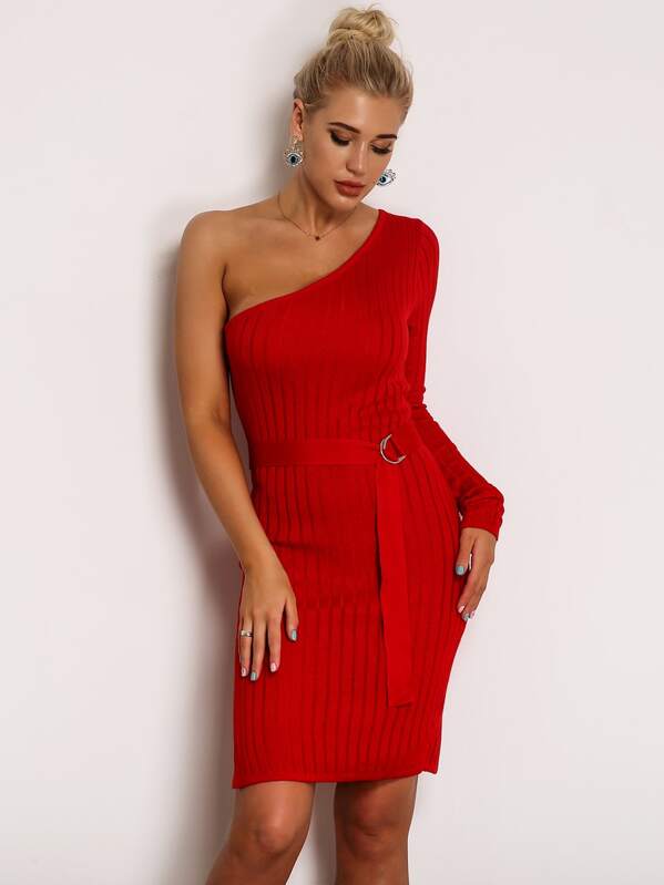 

Joyfunear One Shoulder Rib-knit Belted Pencil Dress, Red