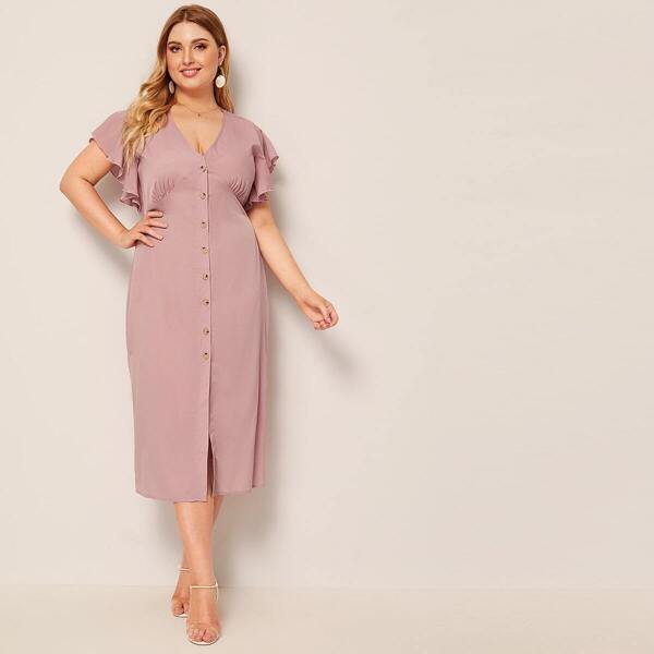 

Plus Solid Butterfly Sleeve Tea Dress, Pink pastel
