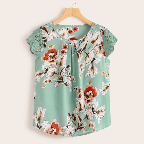 

Contrast Lace Cuff Floral Print Blouse