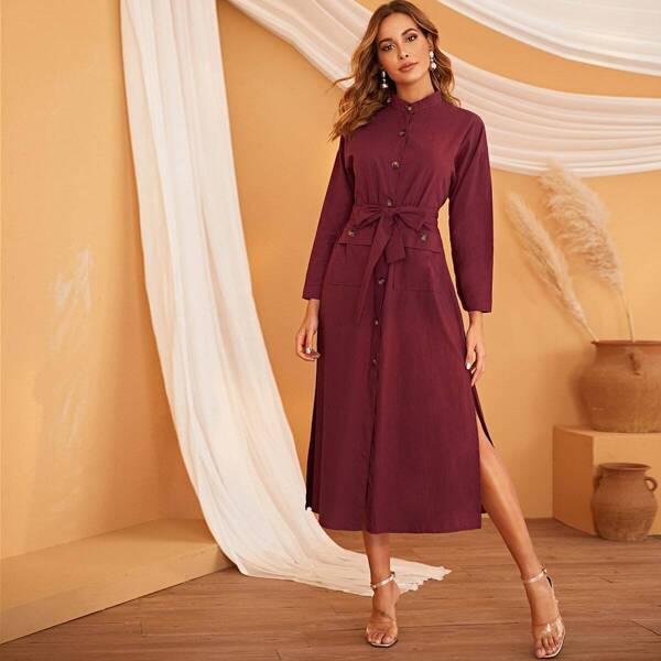 

Dual Pocket Belted Split-side Shirt Dress