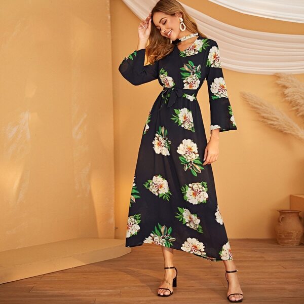 

Floral Print Flounce Sleeve Belted Maxi Dress
