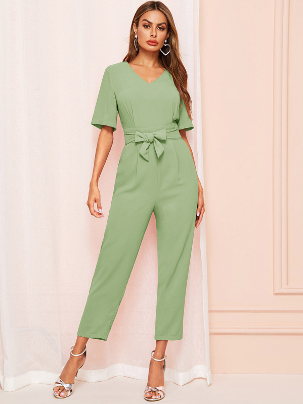 

V-neck Wide Leg Belted Jumpsuit, Green, Andy