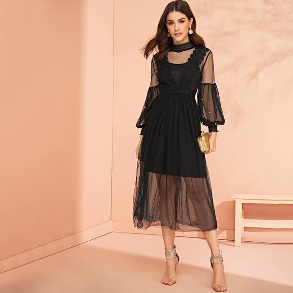 

Lace Tape Pearls Beaded 2 In 1 Mesh Dress, Black