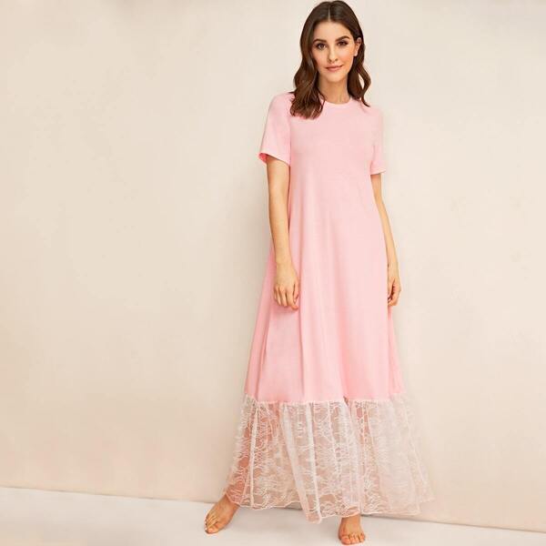 

Lace Trim Tee Dress, Pink pastel