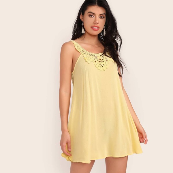 

Keyhole Back Lace Insert Swing Dress, Yellow pastel