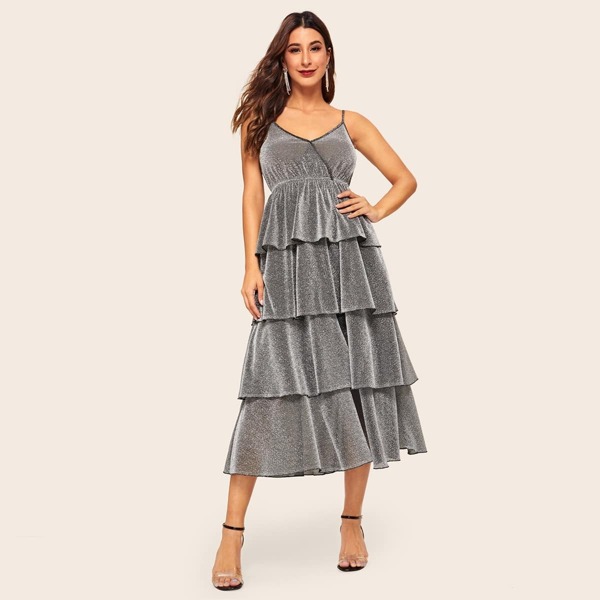 

Surplice Neck Layered Ruffle Hem Glitter Cami Dress, Grey