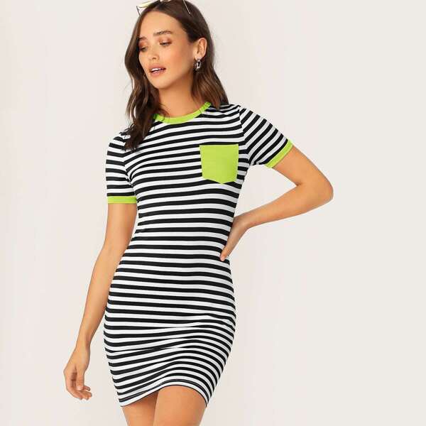 

Neon Lime Pocket Patched Striped Ringer Tee Dress, Multicolor