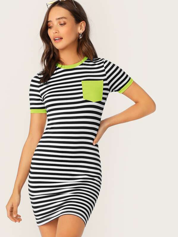 

Neon Lime Pocket Patched Striped Ringer Tee Dress, Multicolor, Carolina Sanchez