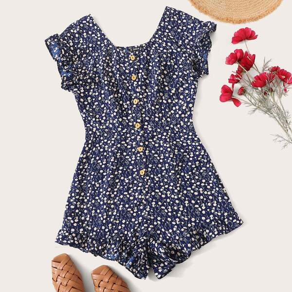 

Ditsy Floral Print Button Front Ruffle Hem Romper