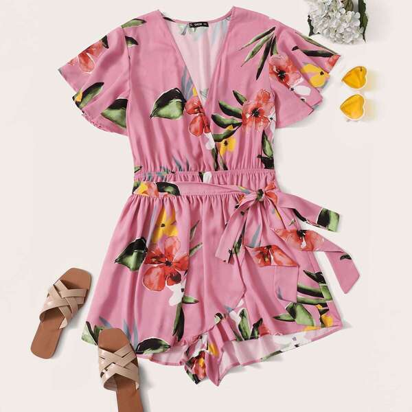 

Plus Surplice Neck Wrap Belted Floral Romper, Pink