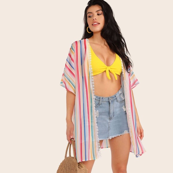 

Lace Tape Trim Rainbow Striped Kimono