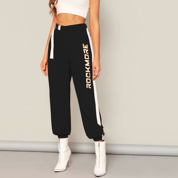 

Buckle Belted Letter Print Side Striped Pants