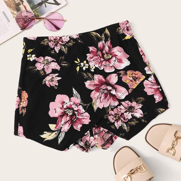 

Asymmetrical Hem Floral Print Skort