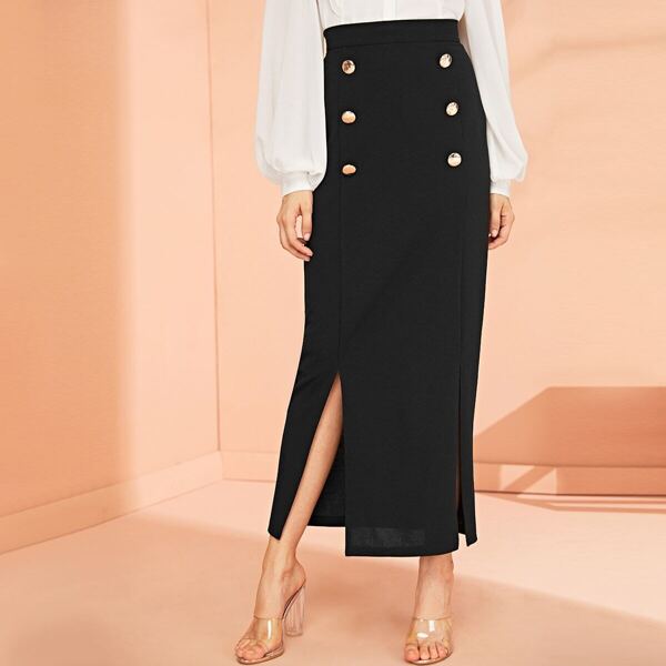 High Waist Double Breasted Slit Hem Skirt, Black