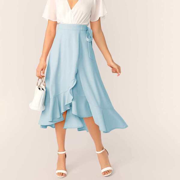 

Wrap Asymmetrical Hem Belted Skirt