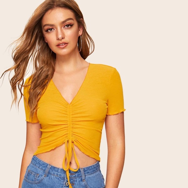 

Shirred Drawstring Front Crop Top