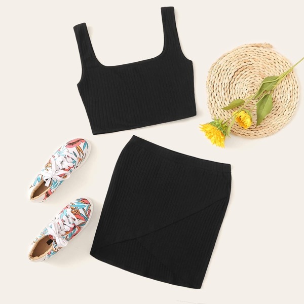 

Solid Crop Tank Top & Wrap Skirt Set